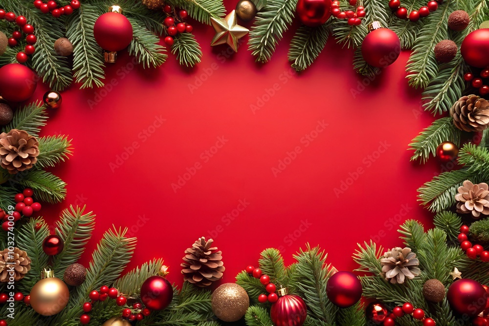 Festive Christmas composition with fir branches, gold and red ornaments, pine cones, and glittering stars on a bright red background. Ample copy space for holiday messages or design elements. Festive Christmas composition with fir branches, gold and red ornaments, pine cones, and glittering stars on a bright red background. Ample copy space for holiday messages or design elements.