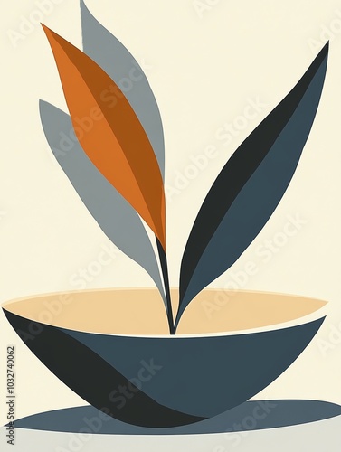 This artwork features a stylized plant in a simple bowl, highlighted by distinct leaves and a muted color palette, creating a trendy aesthetic