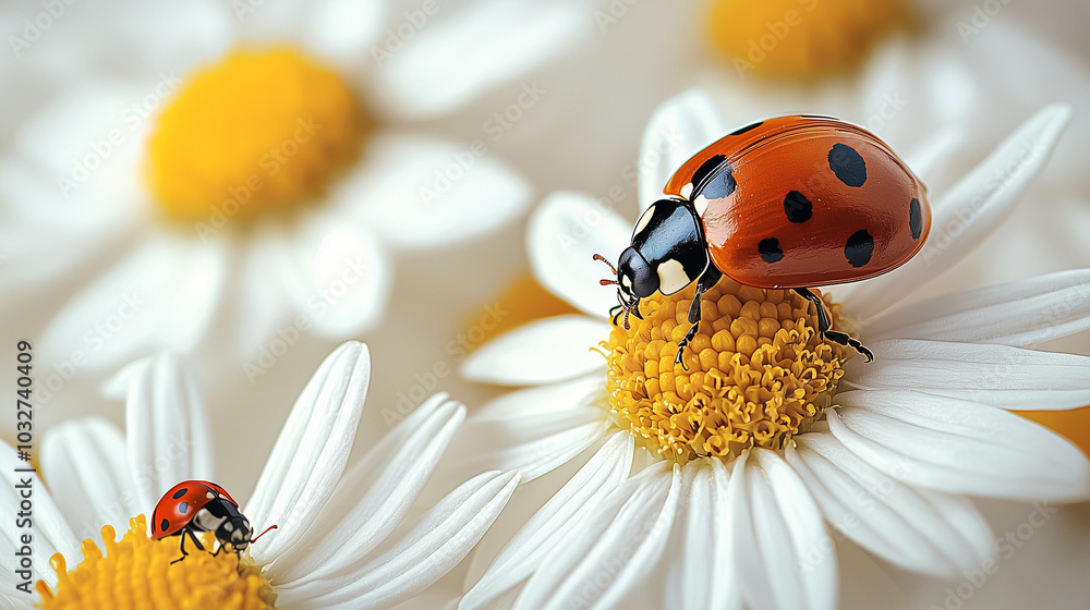White Chamomile with Ladybug on Petals White Chamomile with Ladybug on Petals