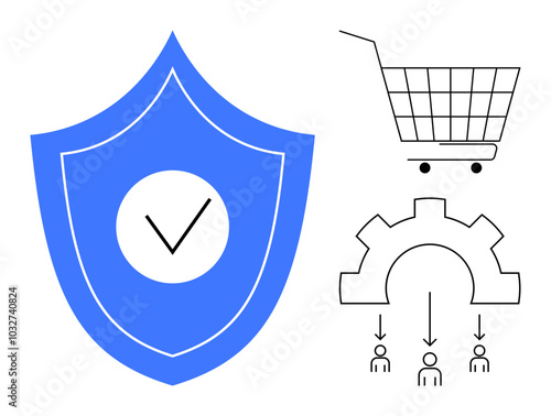 A shield with a check mark symbolizing security on left. Right side shows a shopping cart and a cogwheel with people, symbolizing online shopping and process efficiency. Ideal for e-commerce