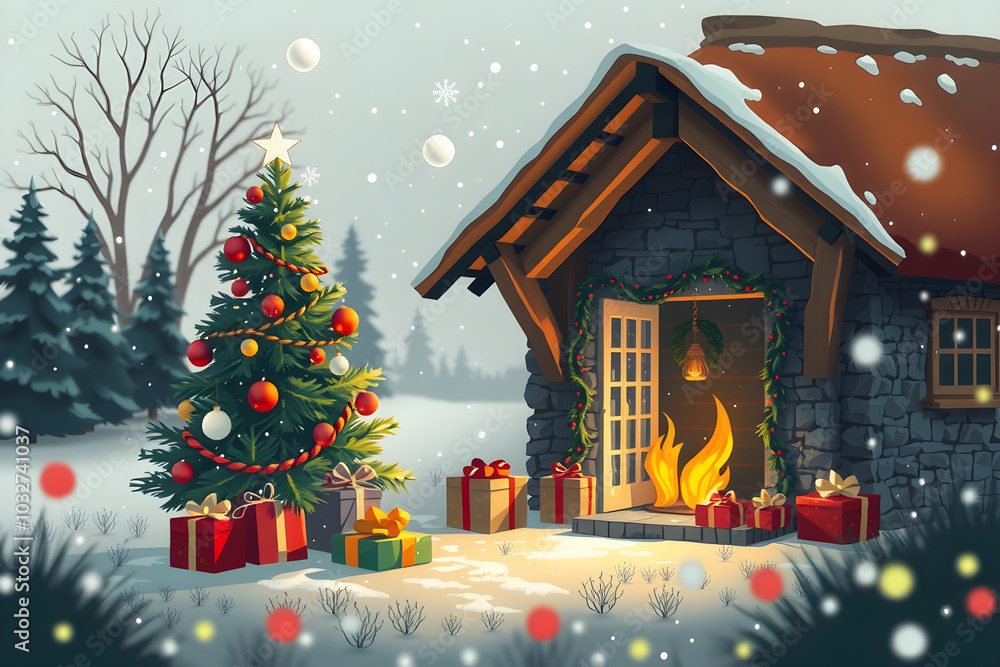 A Christmas scene with a Christmas tree, fire, gifts in a Christian atmosphere as a still life. A Christmas scene with a Christmas tree, fire, gifts in a Christian atmosphere as a still life.