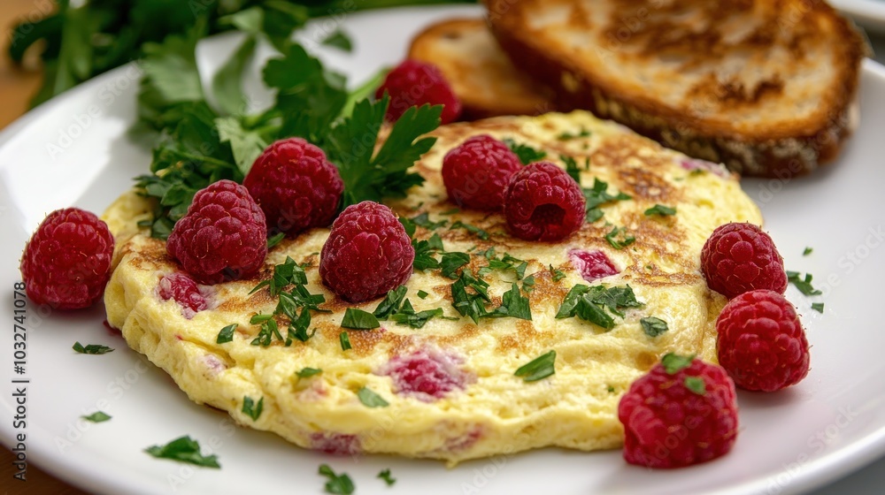 A delicious omelette garnished with raspberries and parsley, served with toasted bread. A delicious omelette garnished with raspberries and parsley, served with toasted bread.