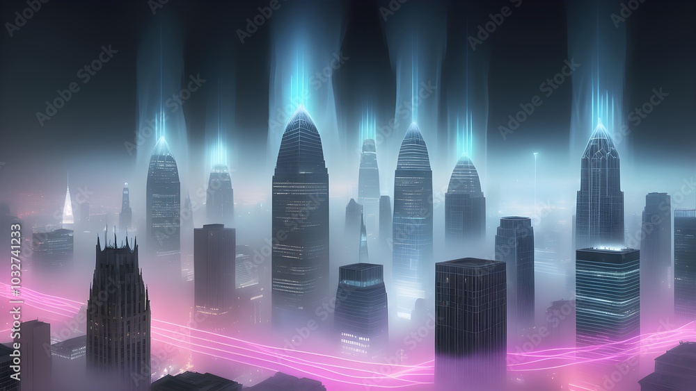 Futuristic Cityscape with Neon Lights and Fog Futuristic Cityscape with Neon Lights and Fog