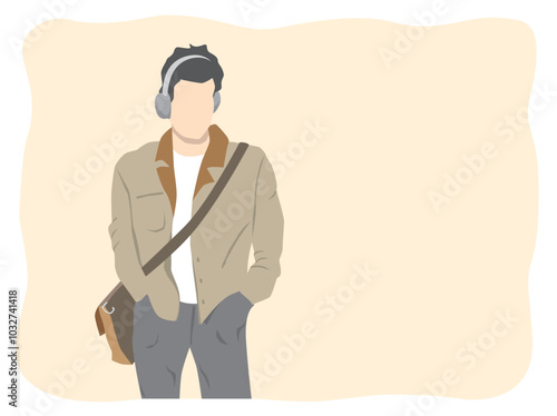 Carefree looking young man with hands in pockets, modern and casual, with leather crossbody bag and headphones. Vector illustration