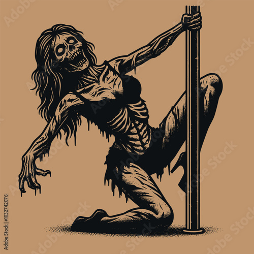 Pole dance zombie woman stripteaser.  Creepy Halloween club. Black and white vector illustration, cut out, tattoo sketch