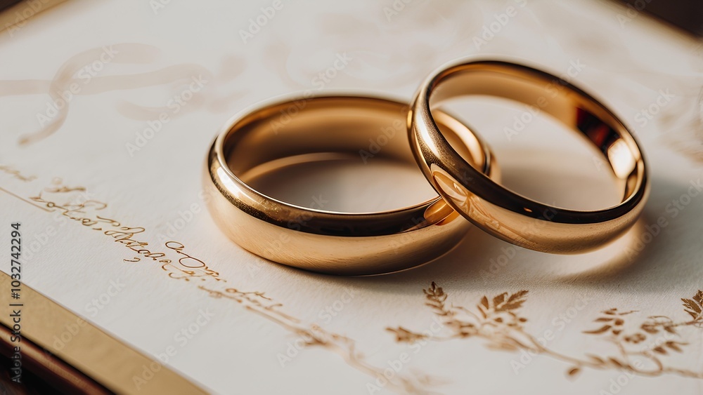 A pair of golden wedding ring resting elegantly on top of a wedding certificate, symbolising eternal love and commitment within a relationship. A pair of golden wedding ring resting elegantly on top of a wedding certificate, symbolising eternal love and commitment within a relationship.