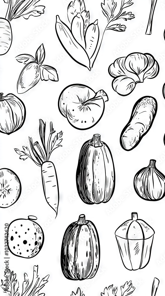 A line of various fruits and vegetables is depicted on a white background with a black border at the bottom of the image A line of various fruits and vegetables is depicted on a white background with a black border at the bottom of the image