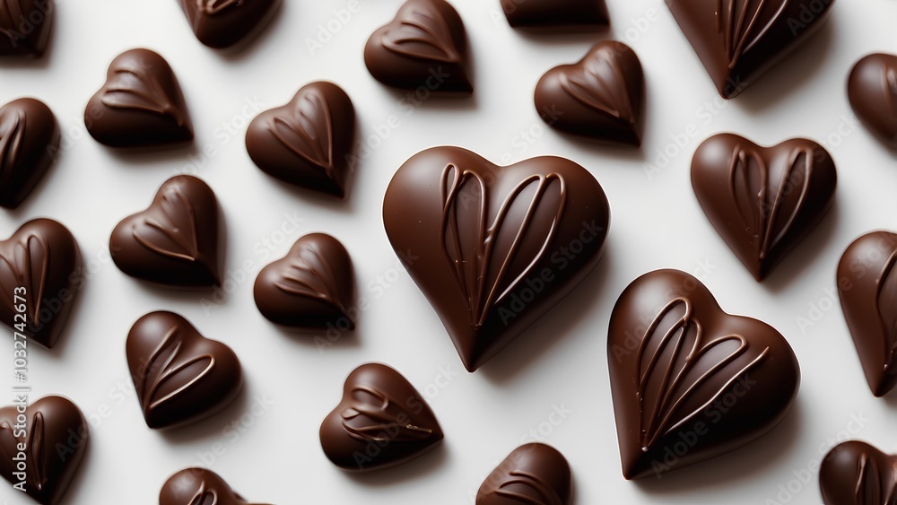 A close-up of heart shape chocolate design on the surface in a white background. A close-up of heart shape chocolate design on the surface in a white background.