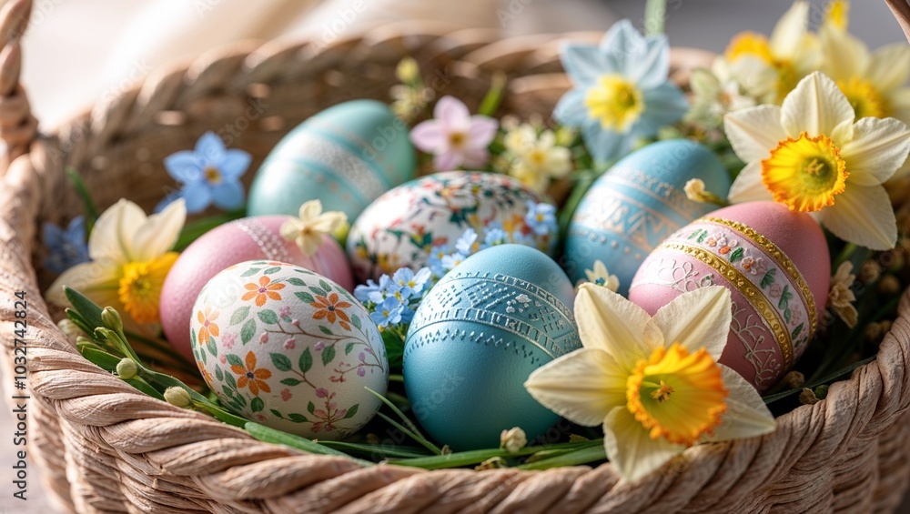 Pastel Easter Eggs in Wicker Basket with Delicate Flowers on Light Background Pastel Easter Eggs in Wicker Basket with Delicate Flowers on Light Background