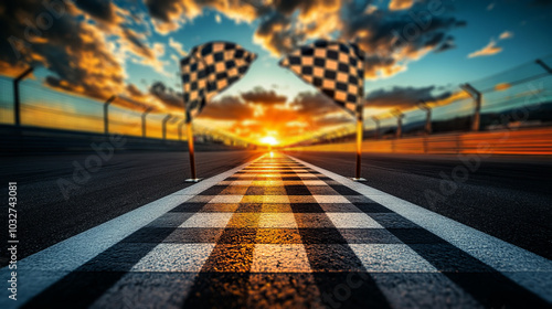 Beautiful sunset over the finish line of an international motor racing track  photo