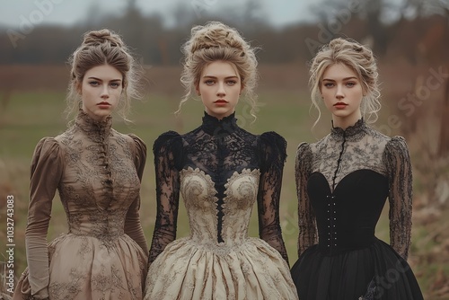 Three young women in elegant, vintage-inspired gowns stand in a field, their expressions captivating and mysterious.