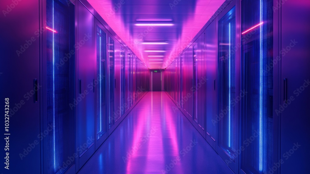 Neon-Lit Data Center Hallway Neon-Lit Data Center Hallway