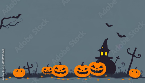 Halloween greeting card template with pumpkins, ghosts, bats and with free space for text.