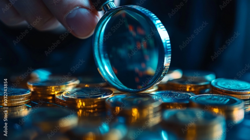 Fototapeta premium Magnifying Glass Over Gold Coins