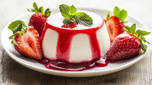 Panna Cotta with Strawberry Coulis and Fresh Strawberries on Wooden Table