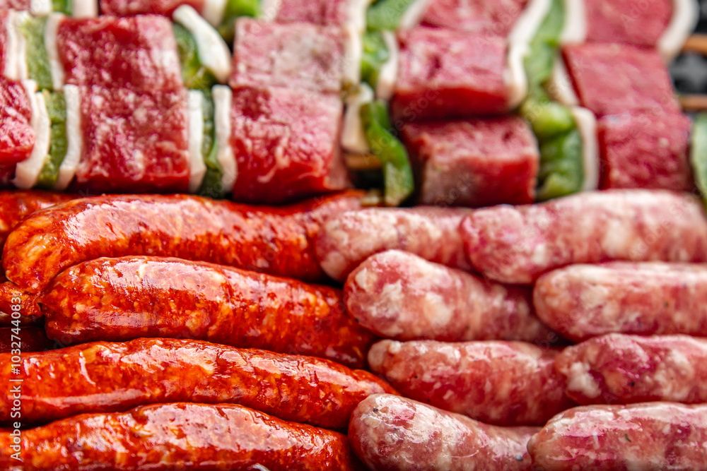 sausage meat assorted juicy pork, beef fresh delicious gourmet food background on the table rustick food top view copy space sausage meat assorted juicy pork, beef fresh delicious gourmet food background on the table rustick food top view copy space