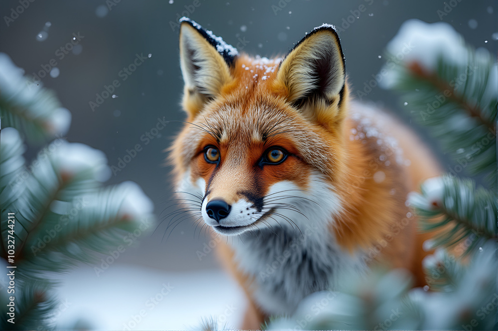 Curious Fox in Winter Wonderland Amidst Snowy Pine Branches Curious Fox in Winter Wonderland Amidst Snowy Pine Branches