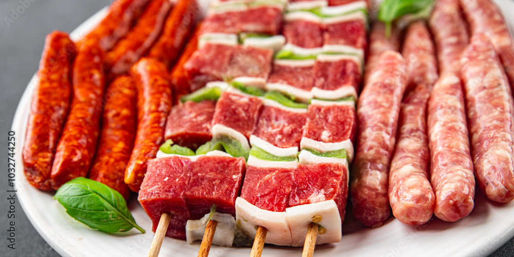sausage meat assorted juicy pork, beef fresh delicious gourmet food background on the table rustick food top view copy space sausage meat assorted juicy pork, beef fresh delicious gourmet food background on the table rustick food top view copy space