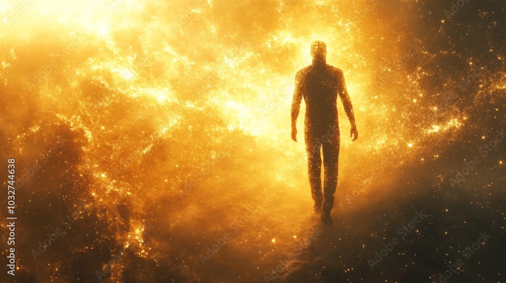 Fototapeta premium Man Walking Through Cosmic Light