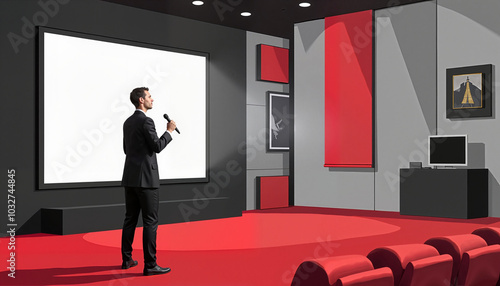 Man presenting with microphone on stage in modern red and black room