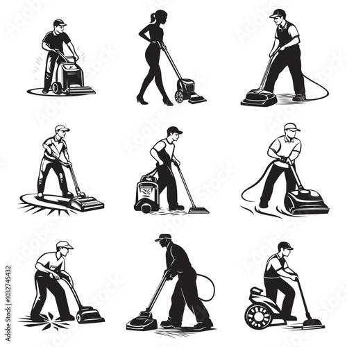 Cleaning service silhouette, House cleaning person silhouette vector illustration isolated on a white background, Floor Cleaning Logo