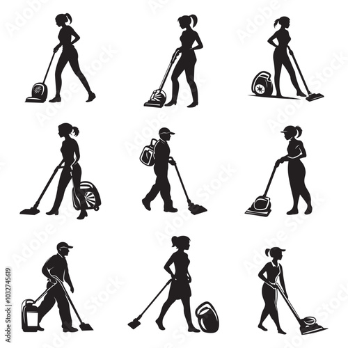 Cleaning service silhouette, House cleaning person silhouette vector illustration isolated on a white background, Floor Cleaning Logo