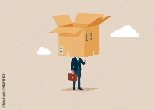 Emptiness. Businessman with empty box over his head. Empty sad self anxiety stress abuse phobia. Closed alone. Flat vector illustration