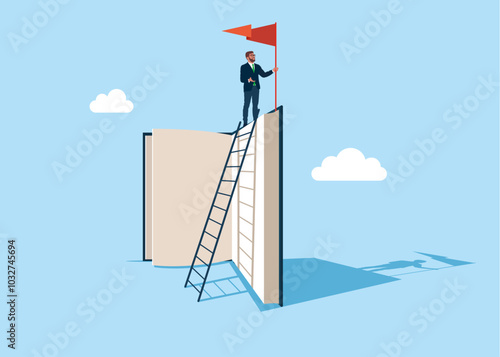 Wise businessman with red flag on the top of the book. Education or knowledge steps to success, learning or study for skill development to achieve business success. Flat vector illustration