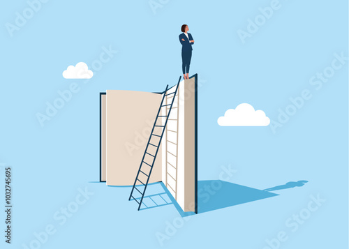 Wise woman on the top of the book. Education or knowledge steps to success, learning or study for skill development to achieve business success. Flat vector illustration