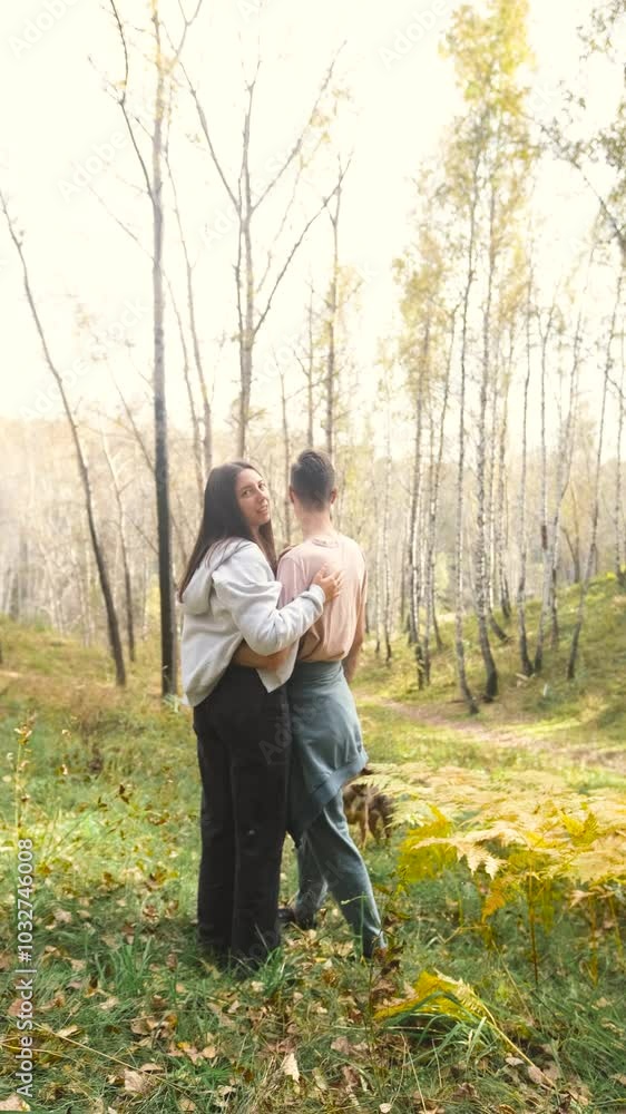 A woman and a man in love are walking in an autumn forest, in tall yellow grass, in fern leaves, a dog is walking next to them. A married couple is relaxing in nature during a walk with their beloved A woman and a man in love are walking in an autumn forest, in tall yellow grass, in fern leaves, a dog is walking next to them. A married couple is relaxing in nature during a walk with their beloved