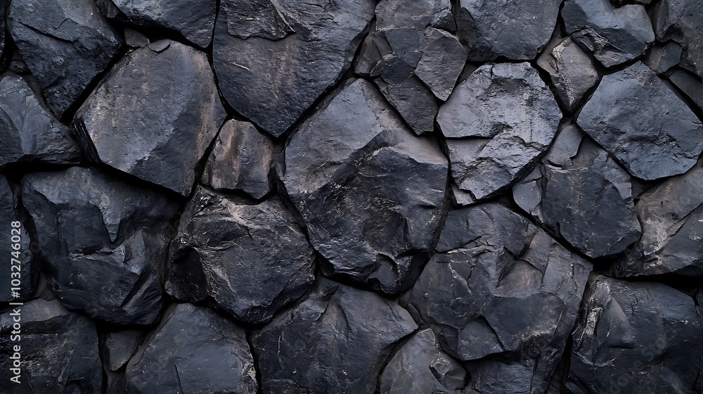 Fototapeta premium Coarse Black Stone Wall with Rugged Texture in Detailed Photography