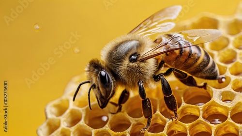 A honeybee approaching a dripping honeycomb, set against a vibrant yellow background.