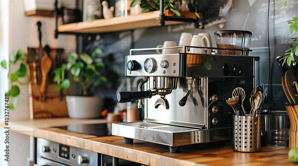 An elegant silver espresso machine sits on a wooden kitchen counter. An elegant silver espresso machine sits on a wooden kitchen counter.