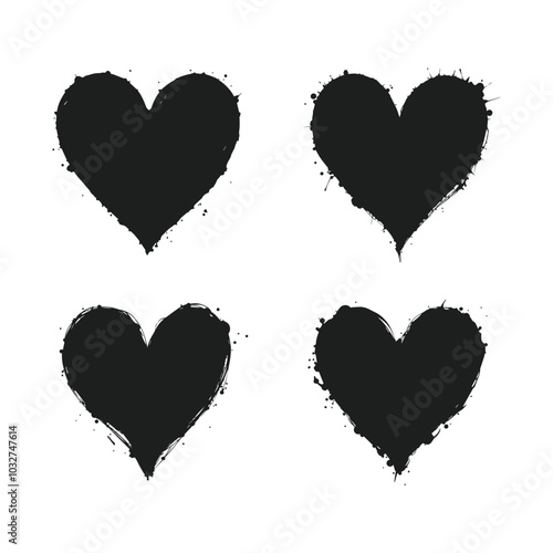 Black heart shapes set in distressed grunge style on a white background