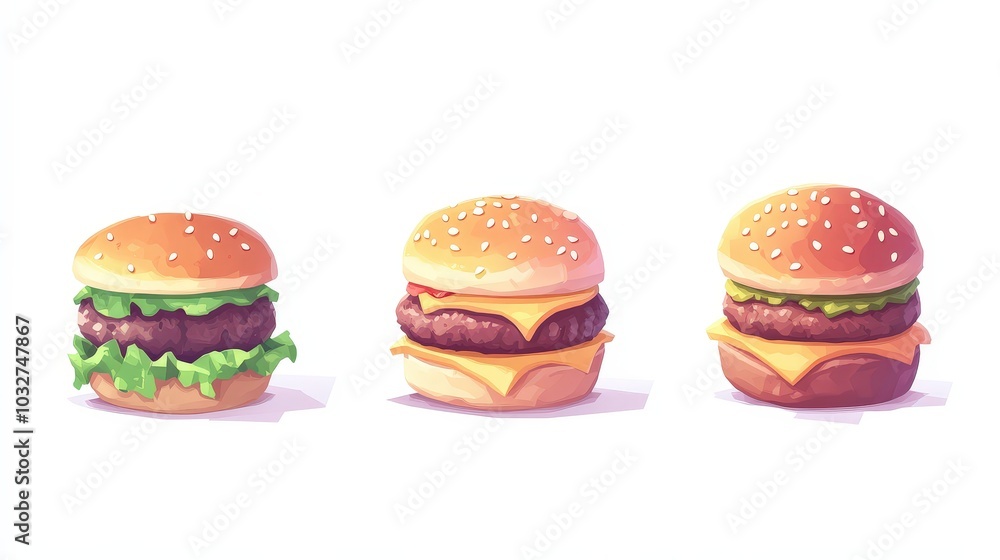 Game Asset Style Burger Icons Set: Minimalist, Low Poly, Playful Imagery in Toyism, Delicate Chromatics on White Background Game Asset Style Burger Icons Set: Minimalist, Low Poly, Playful Imagery in Toyism, Delicate Chromatics on White Background