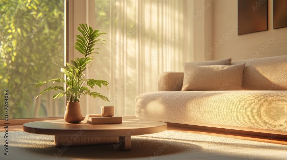 Bright and inviting living room with a cozy couch and a potted plant on a coffee table. Bright and inviting living room with a cozy couch and a potted plant on a coffee table.