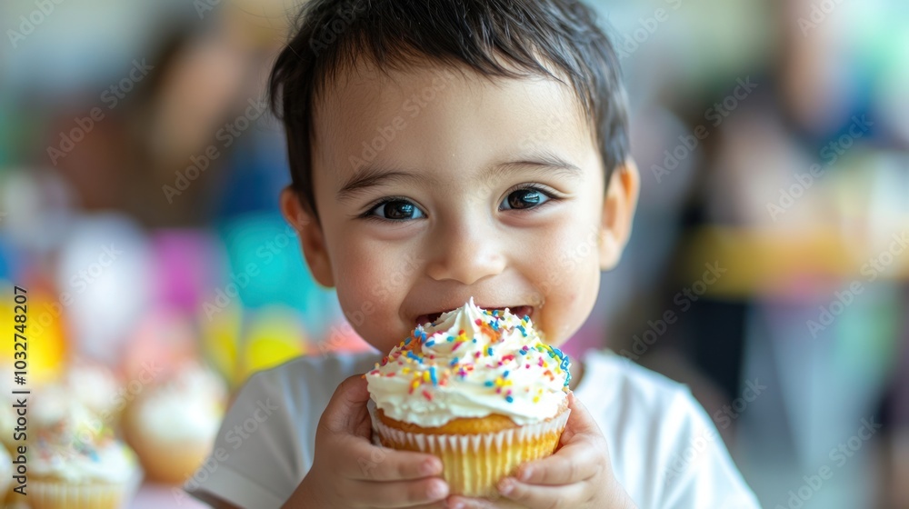 a child enjoying a cupcake at a birthday party, illustrating joy and the sweetness of special occasions a child enjoying a cupcake at a birthday party, illustrating joy and the sweetness of special occasions