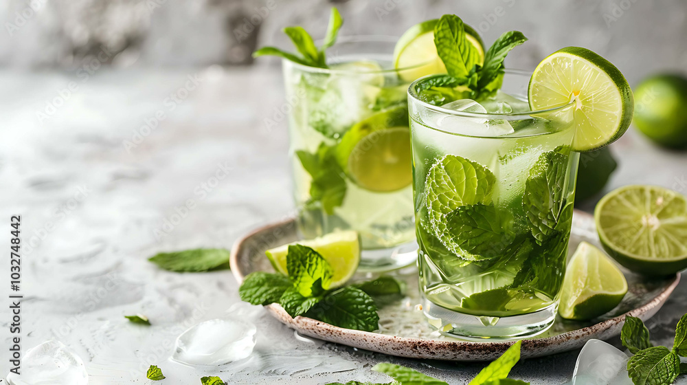 Fototapeta premium Refreshing mojito cocktail with lime and mint on a gray background. The image has a nice depth of field and a beautiful bokeh.
