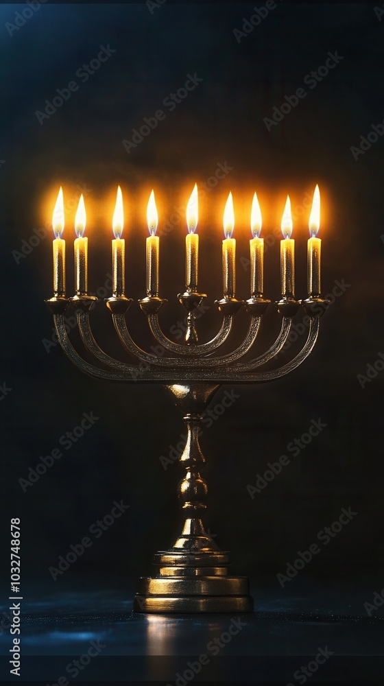 Jewish Hanukkah Menorah 9 Branch Candlestick. Holiday Candle Holder. Nine-arm candlestick. Traditional Hebrew Festival of Lights candelabra. Background for design with copy space Jewish Hanukkah Menorah 9 Branch Candlestick. Holiday Candle Holder. Nine-arm candlestick. Traditional Hebrew Festival of Lights candelabra. Background for design with copy space