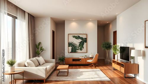 Apartment interior with large mirror and different furniture isolated with white highlights, png