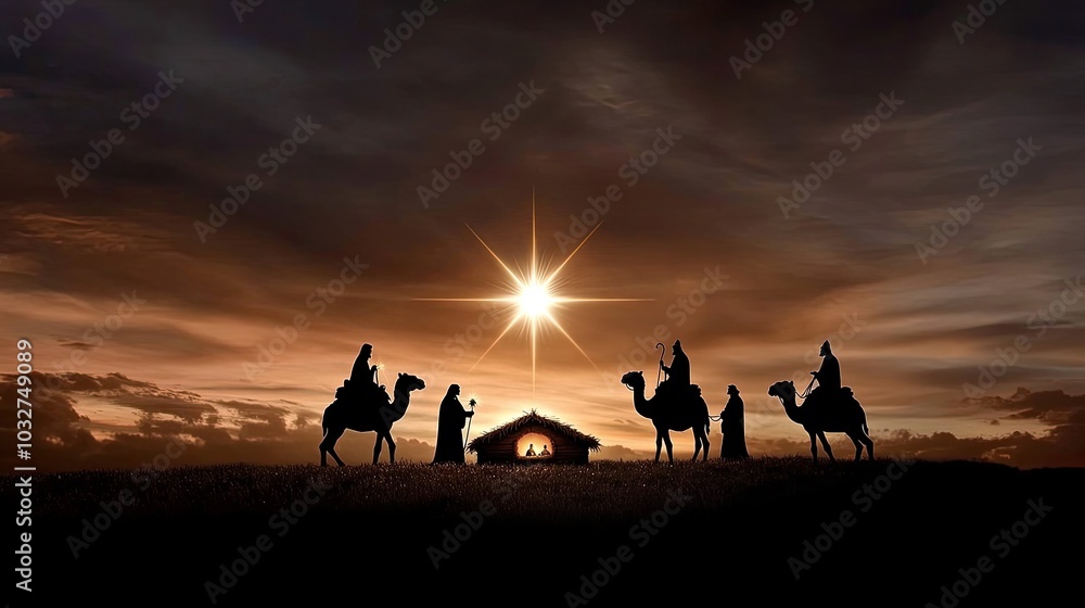 A vibrant sunset illuminates a nativity scene with the Star of Bethlehem shining brightly. Silhouettes of wise men approach under a crescent moon, capturing a moment of divine beauty A vibrant sunset illuminates a nativity scene with the Star of Bethlehem shining brightly. Silhouettes of wise men approach under a crescent moon, capturing a moment of divine beauty