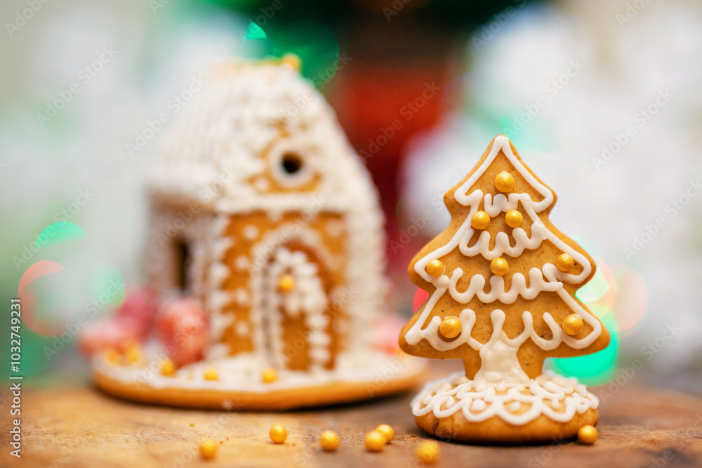 Gingerbread house made of gingerbread cookies decorated with icing, caramel, candy, decorative beads. Gingerbread Christmas tree Gingerbread house made of gingerbread cookies decorated with icing, caramel, candy, decorative beads. Gingerbread Christmas tree