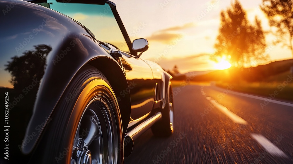 Classic car driving into the sunset on a winding road. The golden hour light creates a warm and inviting atmosphere. Classic car driving into the sunset on a winding road. The golden hour light creates a warm and inviting atmosphere.