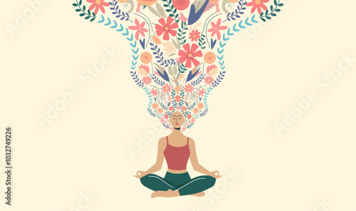 Illustration of a Woman in Meditation with Flowing Hair Adorned with Colorful Flowers and Leaves on a Beige Background
