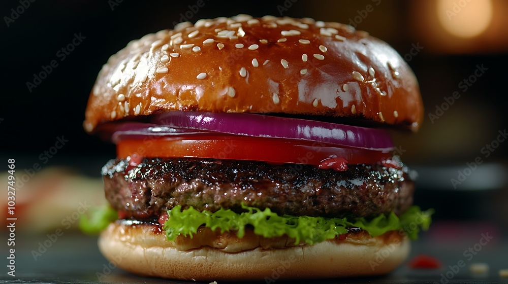 Double Patty Burger with Red Onions and Tomato Slices photo Double Patty Burger with Red Onions and Tomato Slices photo