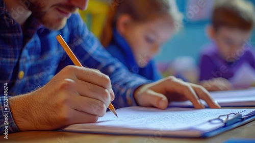 a teacher providing feedback on a studentâ€™s essay, representing the importance of critical evaluation in education photo