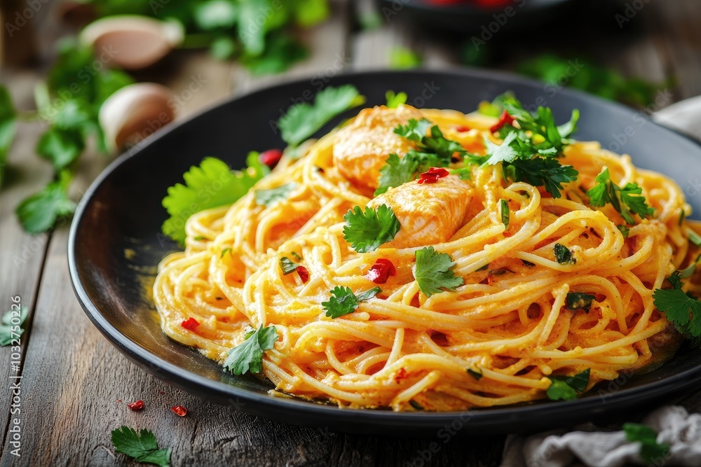 Delicious salmon cubes laid on a bed of spaghetti, garnished with fresh cilantro and red chili flakes on a rustic plate, evoking a homely and gourmet dining experience. Delicious salmon cubes laid on a bed of spaghetti, garnished with fresh cilantro and red chili flakes on a rustic plate, evoking a homely and gourmet dining experience.