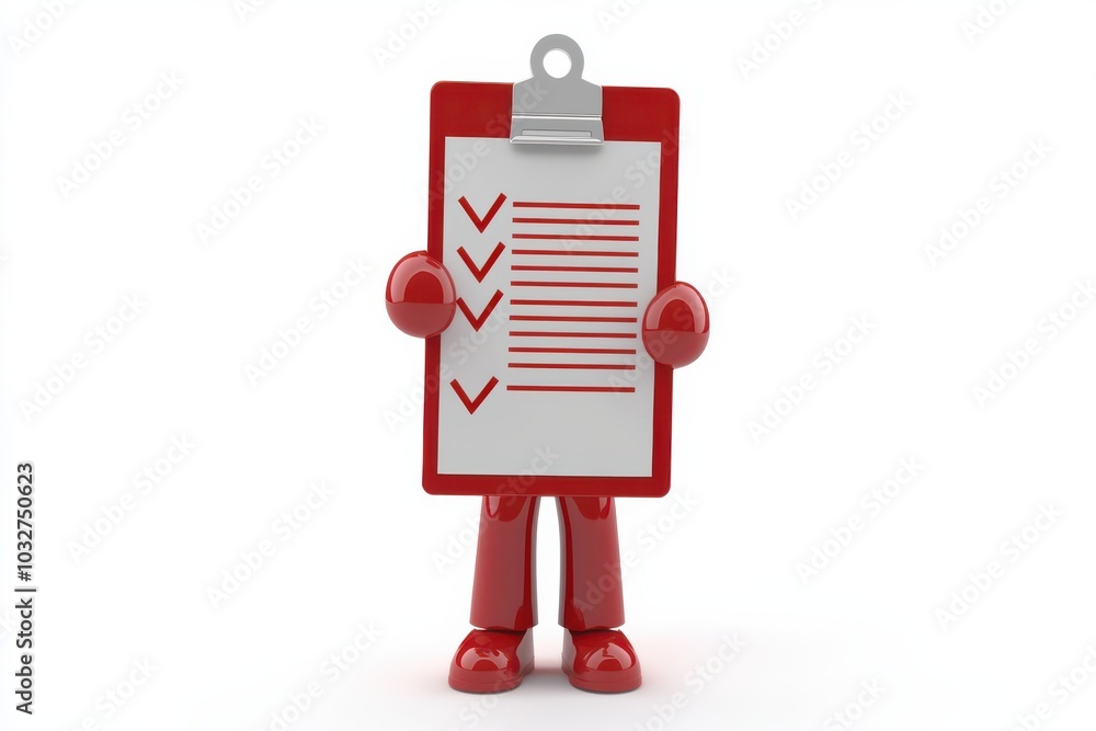 3D character holding a red clipboard with check marks and pen, symbolizing organization and task management 3D character holding a red clipboard with check marks and pen, symbolizing organization and task management