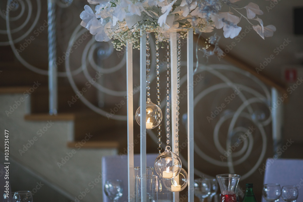 decoration of the aisles with floral ornaments, lamps, crystal, lights, flowers