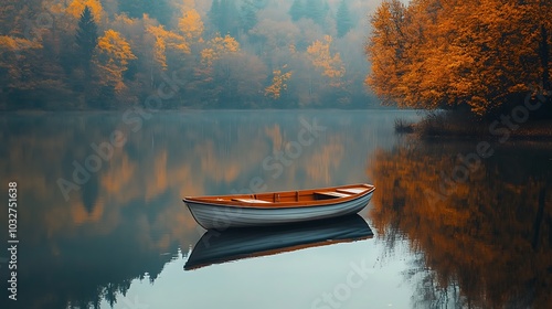 A peaceful lake surrounded by autumn foliage, with a small rowboat drifting on the still water, reflecting the colorful trees